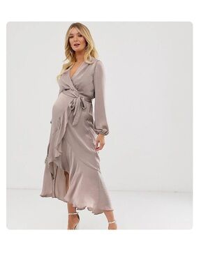 Flounce London Maternity Satin Wrap Dress in Antique Sz 14